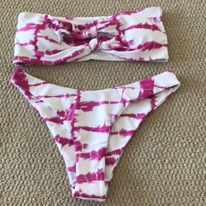 Pink and white tie dye strapless bikini